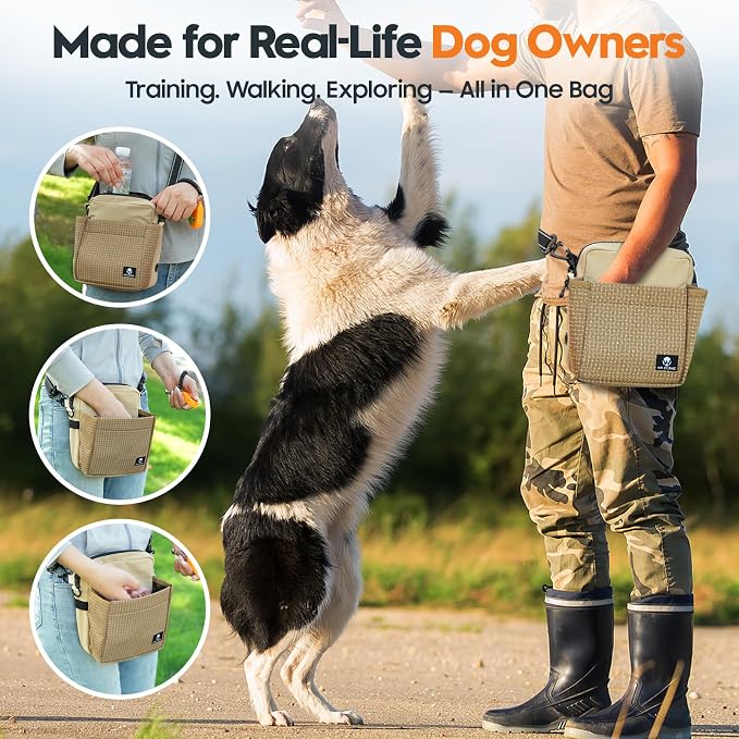 Dog Treat Pouch for Training, Magnetic Dog Walking Bag and Fanny Pack | Large treat pocket with poop bag dispenser, clicker and bowl; hands-free for dog training, walks, park trips and travel