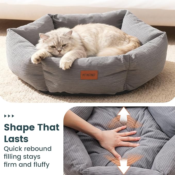 Cat Bed, 22 Inch Washable Corduroy Cat and Small Dog Bed with Removable Cover & Anti-Slip Bottom, Calming Comfort Pet Bed for Pets up to 15 lbs (Gray)