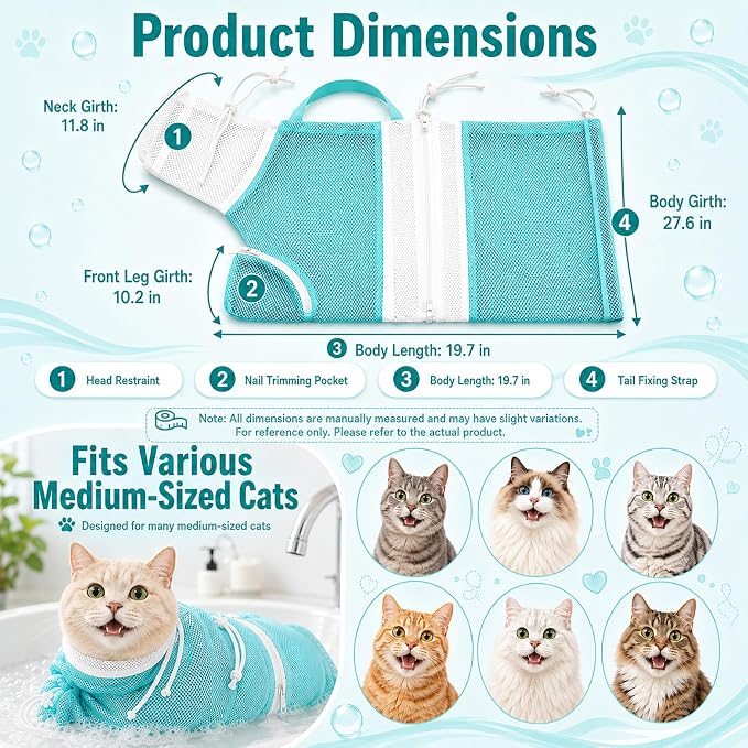 Cat Bathing Set with Pet Grooming Gloves for Cat Grooming, Upgraded Breathable Cat Bag for Bath with Openable Zipper and Reinforced Handle, Cat Washing Set with Nail Clipper File (Green)