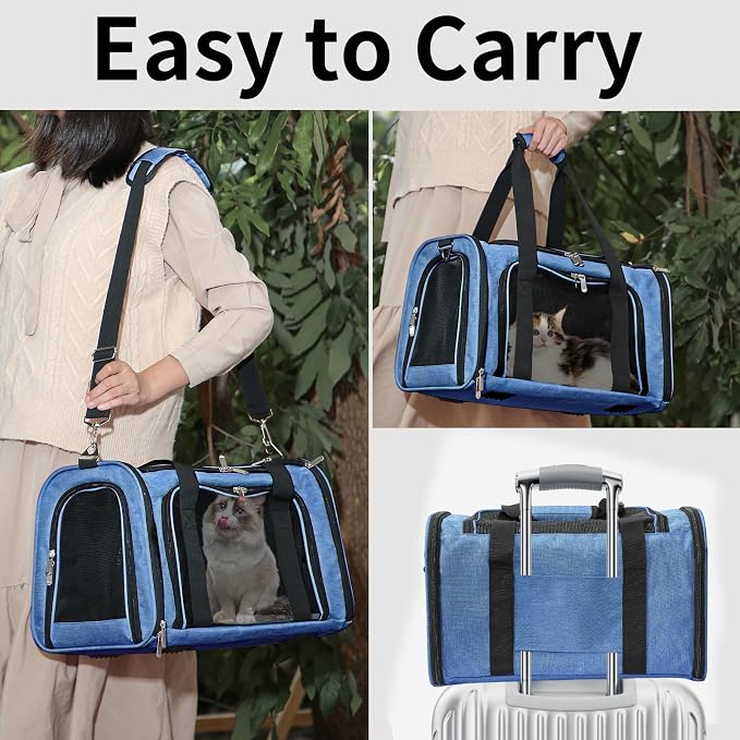 Soft-Sided Cat/Dog/Pet Carrier, Collapsible Pets Travel Carriers for Big Cats/Small Dogs with Shoulder Strap & Removable Mat, Mesh Puppy Carry Bag, Up to 16 Lbs, TSA Airline Approved(Blue)