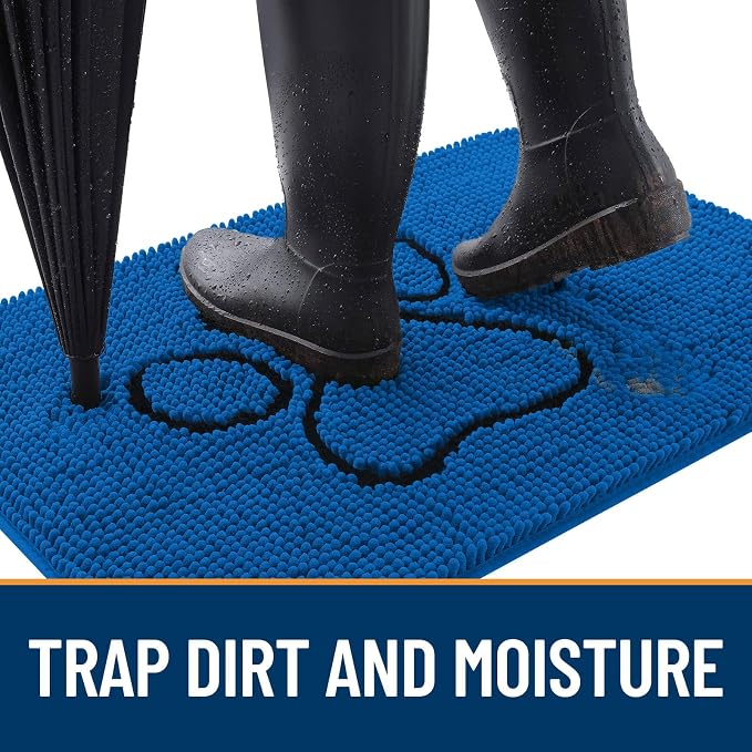 OLANLY Dog Door Mat for Muddy Paws 35x16, Paw Print Design Chenille Mud Mat | Deep Navy Blue, Absorbent, Traps Moisture and Dirt, Non-Slip Washable Doormat, Quick-Dry Indoor Entryway Carpet for Dogs