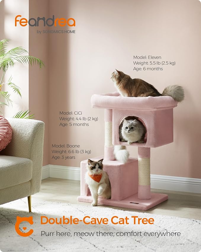 Feandrea Cat Tree, 33.1-Inch Cat Tower, Plush Condo for Large Cats up to 16 lb, Large Perch, 2 Caves, Scratching Post, Jelly Pink UPCT061P01
