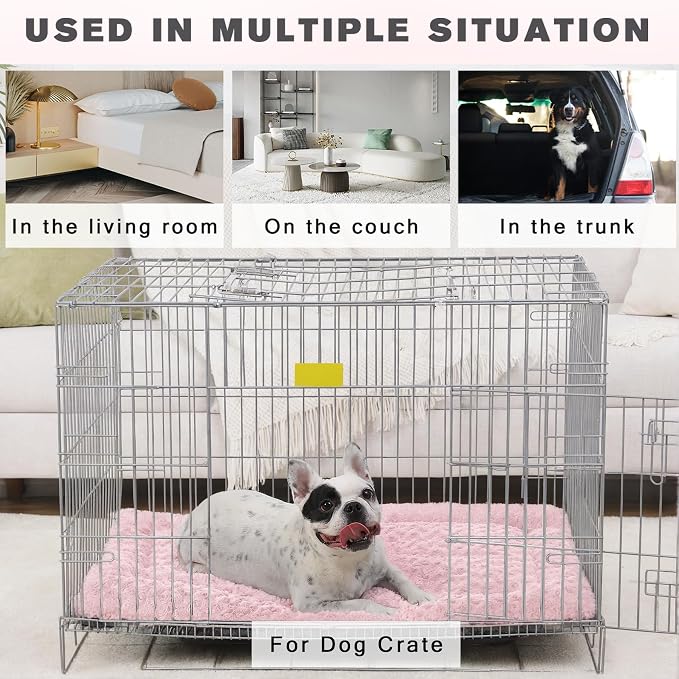 Exsnugy Washable Dog Bed Mat Large Size Fluffy Pet Crate Pad 42x28 XL | Non-Slip Bottom Kennel Beds Ultra Soft Comfy Sleeping Mattress for Large Medium Small Dogs Pink