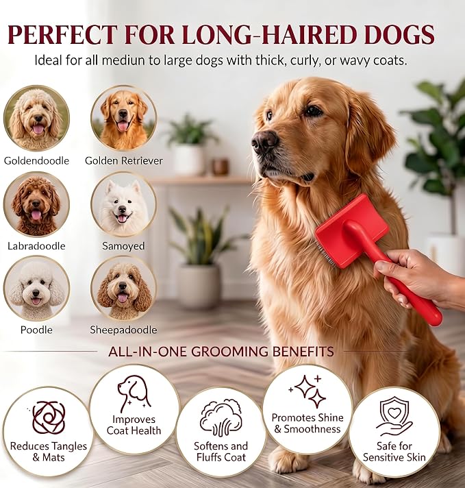 Wooden Long Pin Slicker Brush for Large Dog, Poodles & Doodles Long Hair | Grooming, Fluff & Detangle Heavy Dense Wavy Curly Coats to Easily Prevent Severe Hair Matting During Shedding Seasons