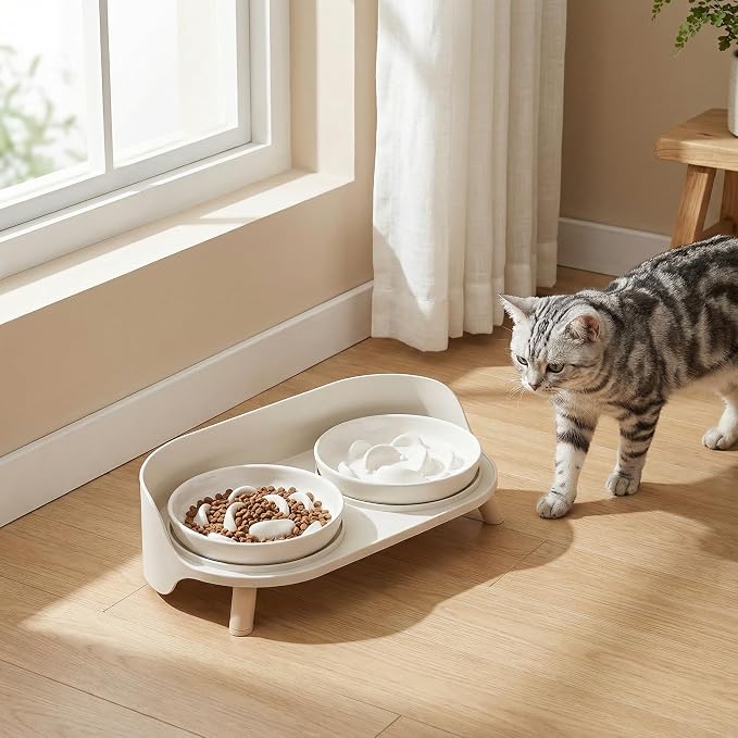 Raised Dog Feeder Bowl Stand (Without Bowls), Fits Dish up to Φ 6" | Spill Proof Elevated Dog Food Stand, Double 3 Diameters Pet Food Holder for Small and Medium Breeds and Cats, White