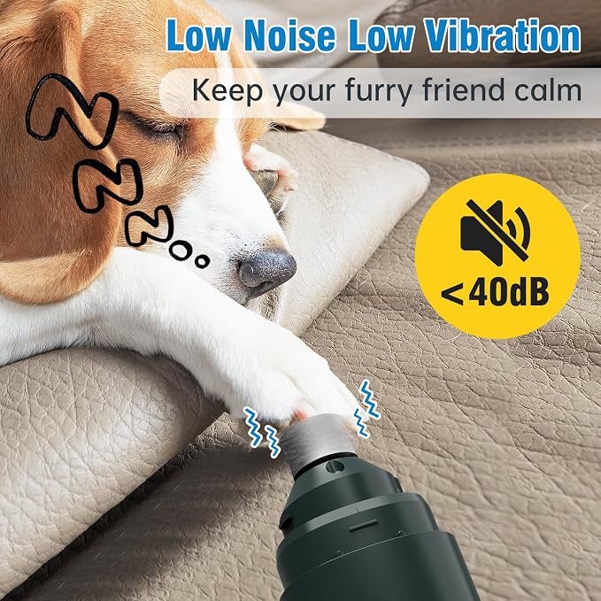 Dog Nail Grinder, Safe Electric Pet Nail Trimmer for Dog Grooming | 7-Speed Adjustable, Quiet Low Vibration, LED Light & Sponge Dust Collector, Painless Trimming, Storage Bag (Black & Green)