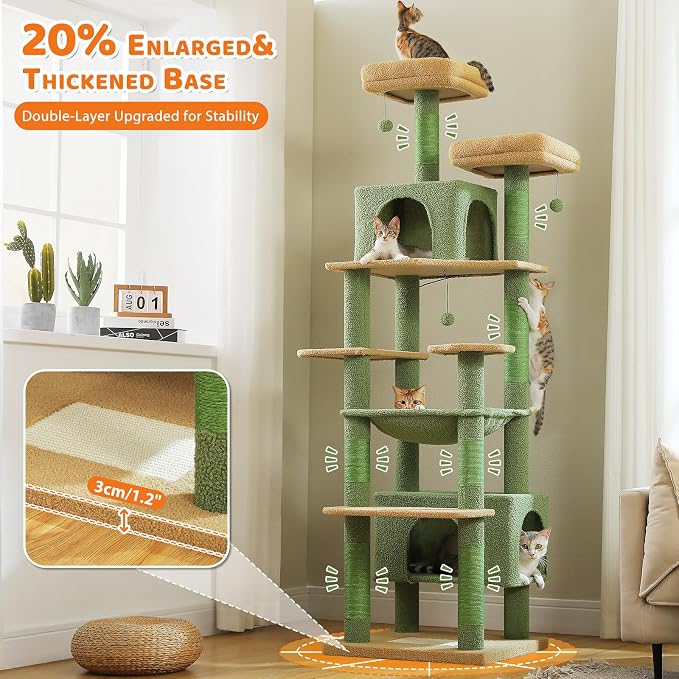 PAWZ Road 81" Cactus Cat Tree XXL Condo Hammock &2 Perches for Adult Cats | green large cat tree tower, 20"×16" hammock for maine cats, cute cat tower large condos,7 scratch posts & bottom scratcher