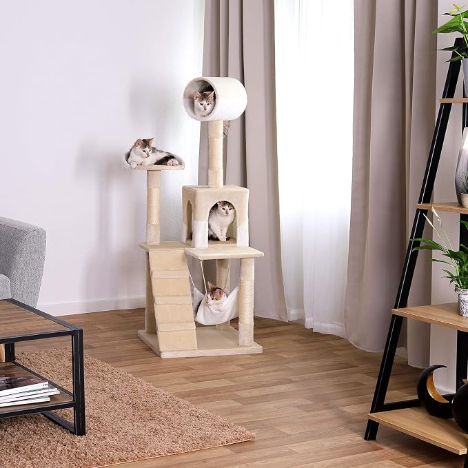 lionto Scratching Tree for Cats with Hammock & Tunnel, Height 52,4 in, cat Tree with sisal Rope & Soft Plush, Cozy Lying Areas & Caves, Suitable for Small & Large Cats, Beige/White