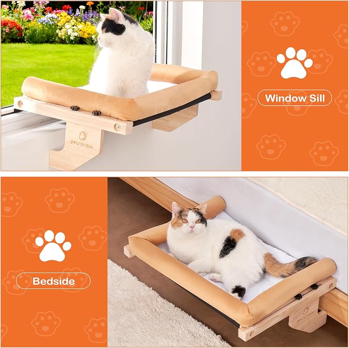 Cat Window Perch + Bonus Toy by Petronaut – Solid Wood, Durable & Easy-Clean, Comfortable Orthopedic Hammock, No Drilling, No Suction Cups, Holds 40 lbs – Window Seat for Large Cats, 21.7"x15"