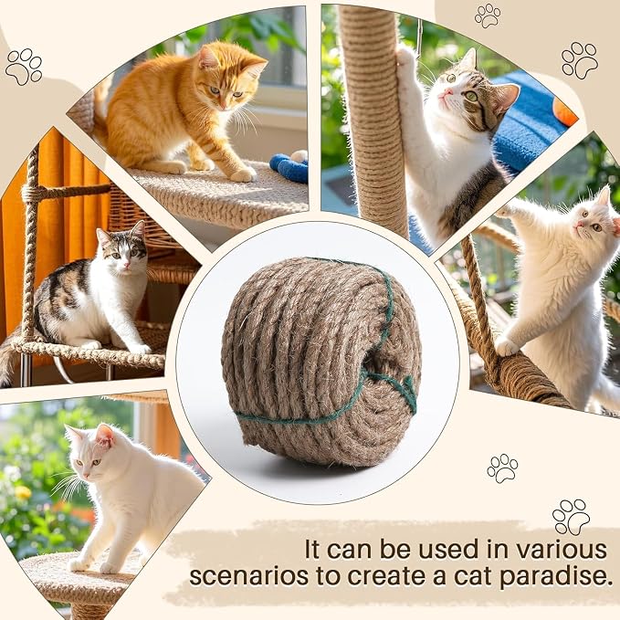 Sisal Rope for Cat Scratcher 1/4" 200 Ft Cat Tree Twine for Repairing Cat Scratching Post Replacement DIY Hemp Rope for Carpet Mat, Pet, and Crafts Gardening Home Decorating