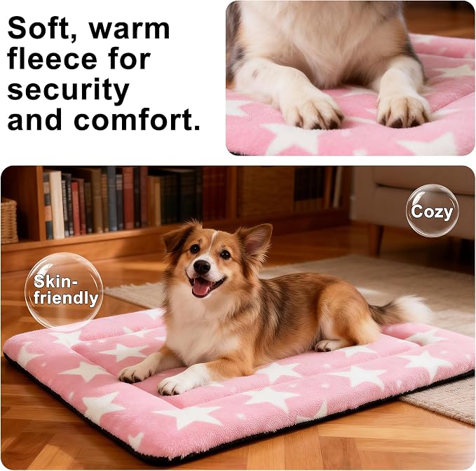Dog Bed Mat – Soft & Comfortable Dog Kennel Pad for Crate – Durable Crate Bed & Mat for Dogs & Cats – Ideal for Crate, Kennel, and Home Use (Big&Little Stars Pink, M(30"*20"*1.5"))