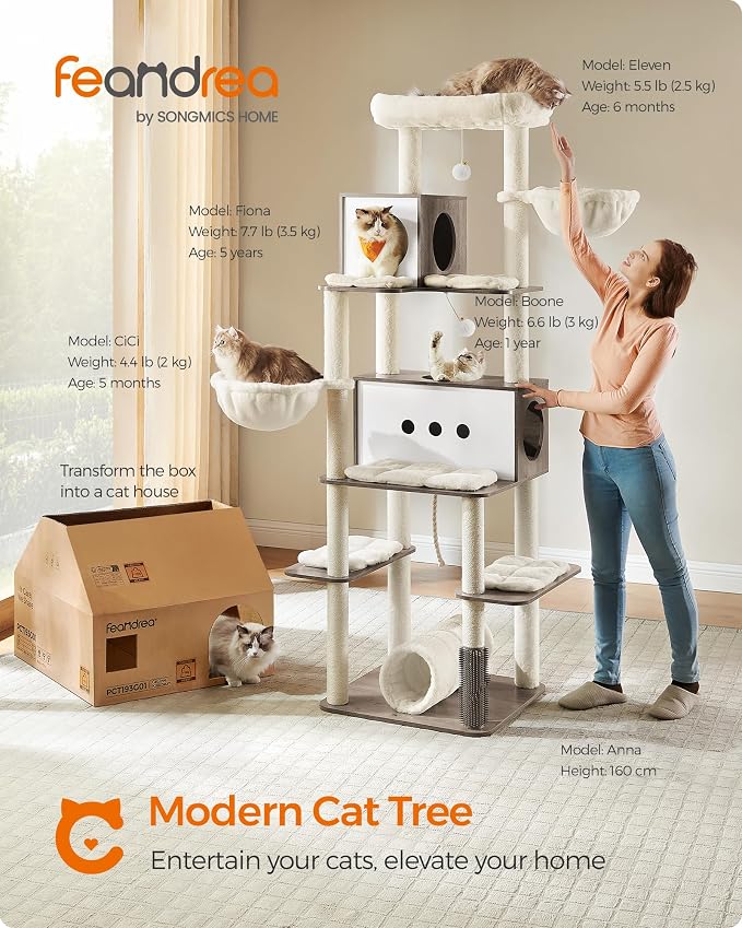 Feandrea Cat Tree, 75.6-Inch Modern Cat Tower, Tall Multi-Level Condo with 2 Caves, 2 Hammocks, 4 Scratching Posts, Self-Groomer, Tunnel, Perch, Heather Greige UPCT193G01 | Tall Cat Tower, 4 Scratching Posts, Self-Groomer, Tunnel, Perch, Heather Greige...