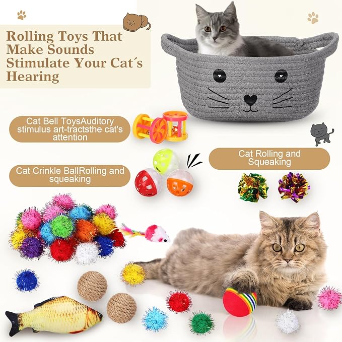 Zopeal 58 Pcs Summer Cat Storage Basket Gift Toys Set, Colorful Flashing Balls Pet Bell Crinkle Balls Spring Toys Attract Cat to Swat, Hunt, Interactive for Pet(Grey,9.8 Inch)