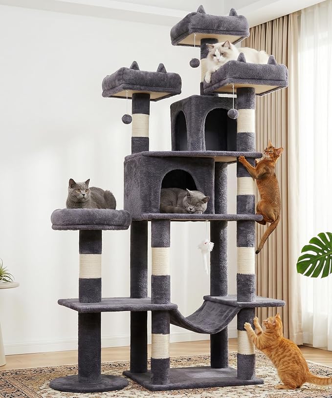 Cat Tower, 71 Inch Heavy Duty Cat Tree for Large Cats | Tall Cat Tree Tower with Extended Base, 2 Condos, 3 Perches, 9 Sisal Posts & Hammock for Indoor Adult Cats, Dark Grey