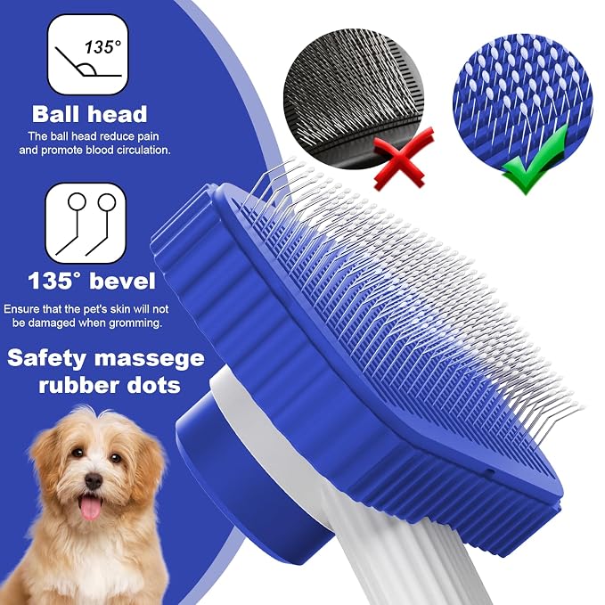Dog Brush, Cat Brush for Long Haired Cats | Remove Loose Fur Undercoat and Mats, Rounded Pins Reduces Painful Pulling, Not for Tangle and Curly Fur, Sapphire