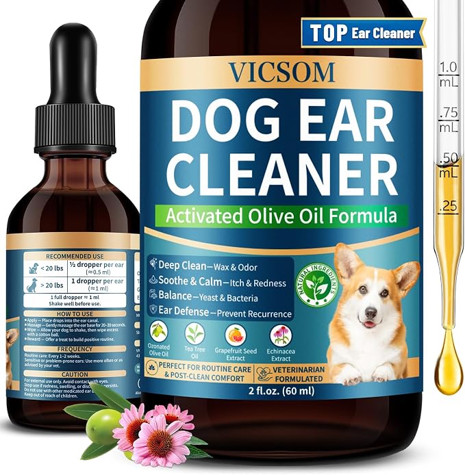 VICSOM Dog Ear Cleaner, Ear Drops for Dogs with Ozonated Olive Oil, 60 mL | Support Wax, Odor & Yeast Infection, Dog Ear Cleaning Solution Support Sensitive, Itchy Ears, Itch Relief