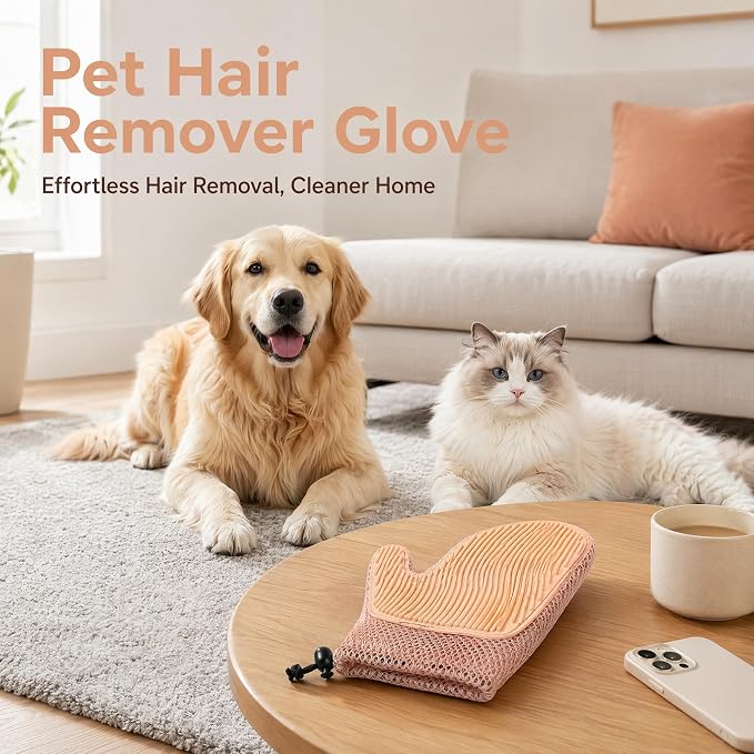 Pet Hair Remover Glove for Dogs & Cats, 2-in-1 Pet Glove Brush Pink | Anti-Bite Mesh Design, Adjustable Wrist Strap, for Bathing & Grooming, Reusable Washable for Long/Short/Curly Hair Pets