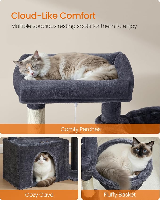 Feandrea Cat Tree, Cat Tower Condo with Scratching Posts and Ramp, 2 Large Perches, Cave, Basket, 33.8 Inches Tall, Dark Gray UPCT013GS02S