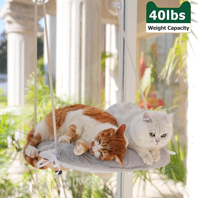 Foldable Cat Window Perch, Soft Window Bed for Overlooking, Sunbathing and Climbing,Stable Cat Seat Mounted with Strong Suction Cups- Maximum Hold Up to 40lbs(Light Grey)