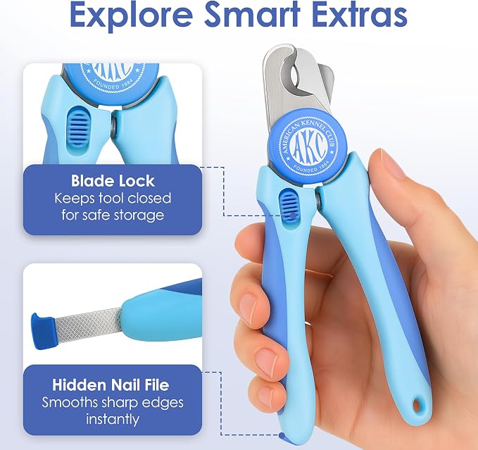 AKC Dog & Cat Stainless Steel Nail Clippers with Safety Guard and Nail File | Professional grooming tool with stainless steel blades and an easy-grip anti-slip handle for all pet sizes.