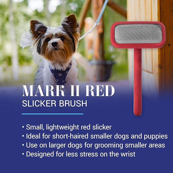Chris Christensen Mark II Slicker Brush, Groom Like a Professional, Stainless Steel Pins, Lightweight Beech Wood Body, Ground and Polished Tips, Red Small