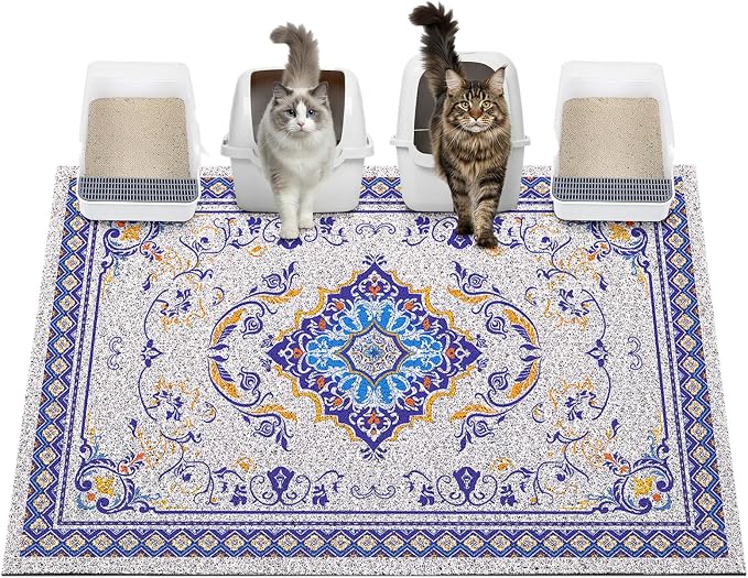Glittme Cat Litter Mat, 47"x35" Non-Slip Washable Trapping Mat for Cats | Litter Trapping Mat With Thick PVC Coil To Catch Scatter, Soft On Paws And Waterproof Bottom To Protect Floors