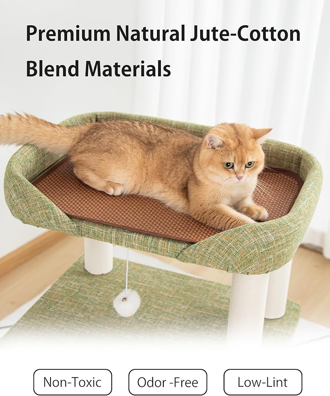 Cat Tree for Large Cat, Modern Senior Friendly Cat Tower with Wide Shelves Low Step, Cotton Scratching Posts, Super Sturdy Base, Cozy Perches, Interactive Toys (Linen Fabric Green 37.4-Inch)