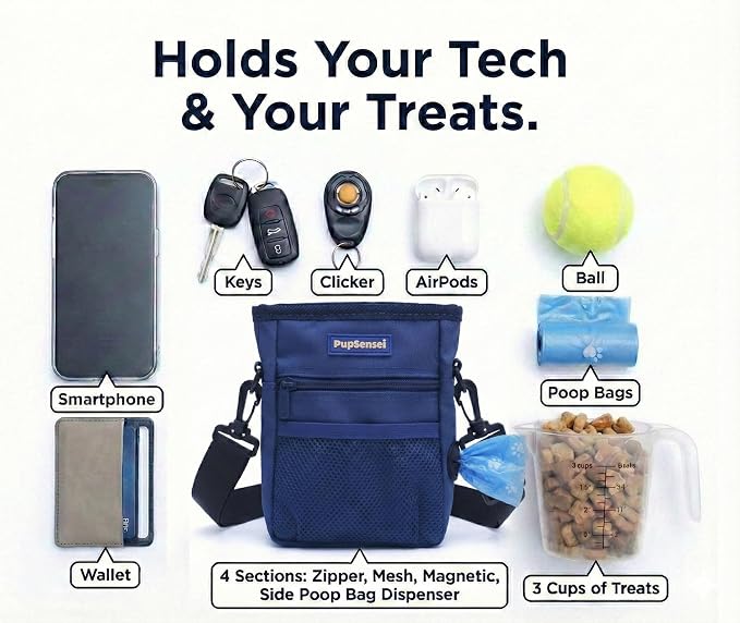 Dog Treat Pouch for Training – Magnetic Dog Treat Bag with Belt Clip & Poop Bag Dispenser – Hands Free Carry Pouch with Auto-Close Access & Shoulder Strap – Durable Pet Gear – Navy Blue