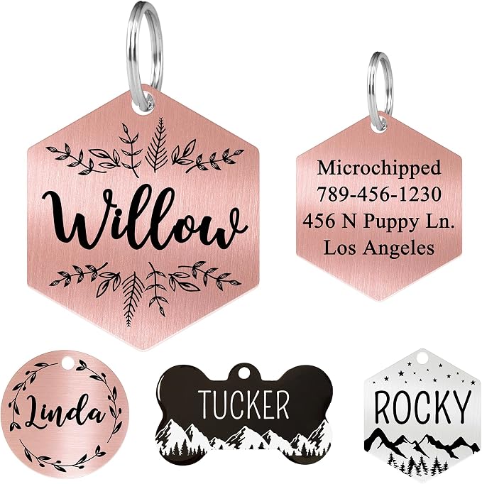 Ultra Joys Stainless Steel Dog ID Tag Personalized Front & Back Engraving, Customized Dog & Cat Tags Optional Both Sides, Hexagon Tag Vine Design, Rose Large
