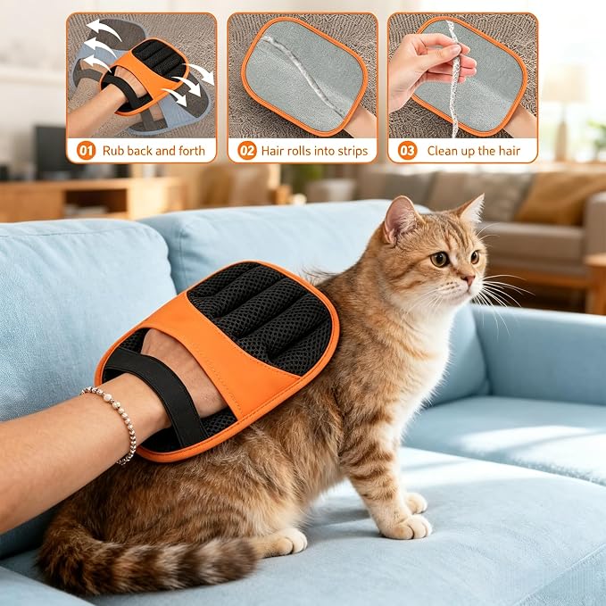 2 Pack Pet Hair Removal Gloves-Orange | Reusable Electrostatic Dog Cat Hair Remover Glove for Furniture Car Seats Clothing,Washable Grooming Mitts for Shedding