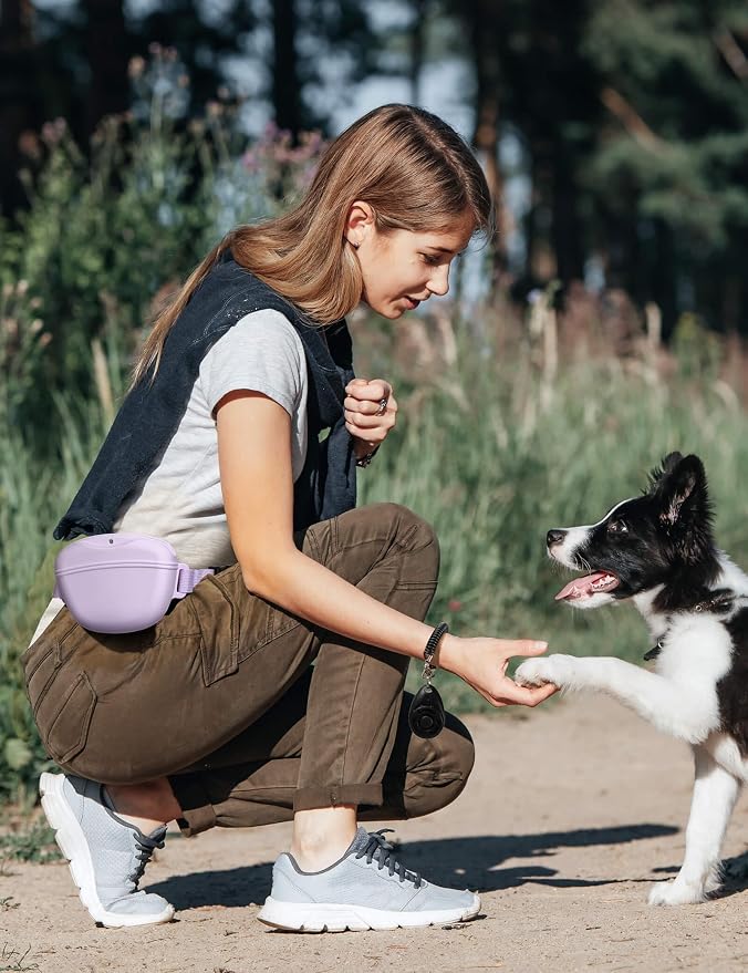 heouvo 1.67 Cup Dog Treat Pouch with Training Clicker (Violet) | Magnetic Closure, Silicone Bag with Waist Belt for Pet Training & Walking, Easy One-hand Treat Access