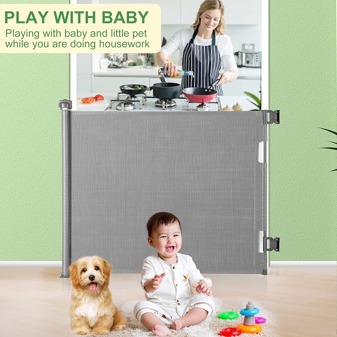 Retractable Baby Gate for Stairs & Doorways, 33" Tall Extends to 55" Wide | Extra Wide Safety Kid Pet Gate, Mesh Dog Gate for Indoor, Outdoor, Hallways One-Handed Operation, Easy Install(33”x55”- Grey)