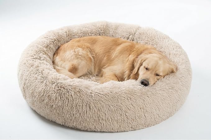 SAVFOX 36 inches Calming Donut Dog Bed - 3X Durable Plush Faux Fur, Machine Washable & Non-Slip, Fits up to 100 lbs, Beige