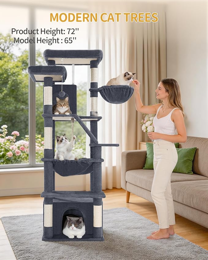 Hzuaneri Large Cat Tree, 72 Inch Tall Multi-Level Cat Tower for Indoor Cats | Cat Condo Furniture with 6 with Sisal Scratching Posts, 2 Large Platforms, 2 Cats House, Hanging Basket, Dark Gray MS18318SG