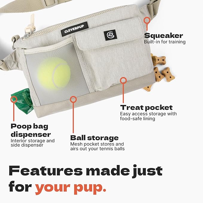 Dog Walk & Train Sling Bag - Hands-Free Dog Walking & Training Bag with Treat Pouch, Poop Bag Holder & Phone Pocket - Crossbody or Fanny Pack, Adjustable Strap - Sand