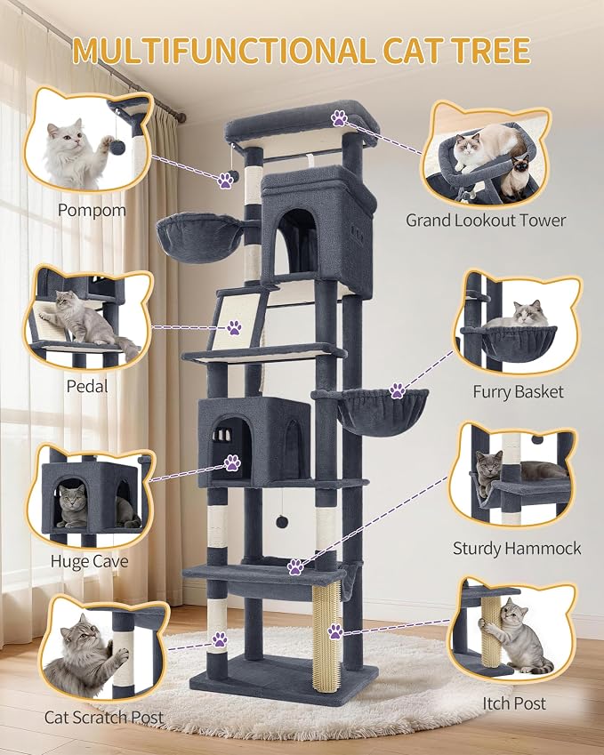 Hzuaneri Tall Cat Tree 84 Inch, Indoor Large Multi-Level Cat Tower | Cat Condo Furniture with 5 Scratching Post, 2 Hanging Basket, 2 Condo, 2 Large Platform, Pet Play House, Dark Grey MS21318SG