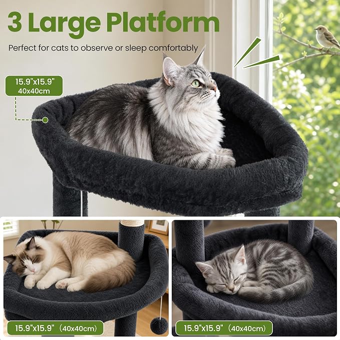 67in Cat Tree Tower for Indoor Cats, Multi-Level Dark Grey | Climbing Tower with 3 Large Platform, 4 Scratching Posts, Hammock, Large Condo for Multiple Cats, Modern Cat Tree Furniture