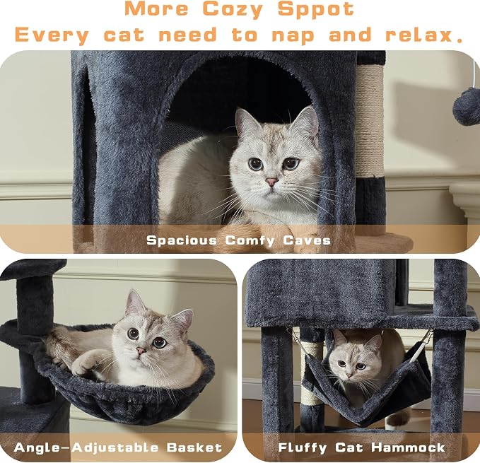 Letkind Cat Tree, 70-Inch Cat Tree Tower with Hammock, Scratching Post, Condo and Multi-Level Cat Tower, Large Cat Activity Center Playhouse, Dark Gray LCT015
