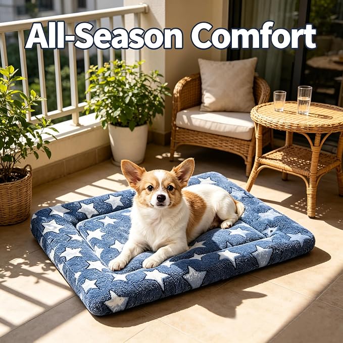 Dog Bed Mat - Comfortable Dog Kennel Pad, Multi-Purpose Crate Bed Mats for Dogs & Cats (NavyBlue&Stars, 24.0" L x 18.0" W x 1.5" Th)