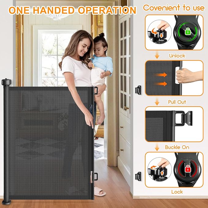 71 Inch Retractable Baby Gates Extra Wide, 41 Inch Reinforced Extra Tall Gate Mesh Safety Gate for Kids Pets, Retractable Dog Gate Baby Retractable Gate for Stair Hallway Doorway Indoor Outdoor, Black