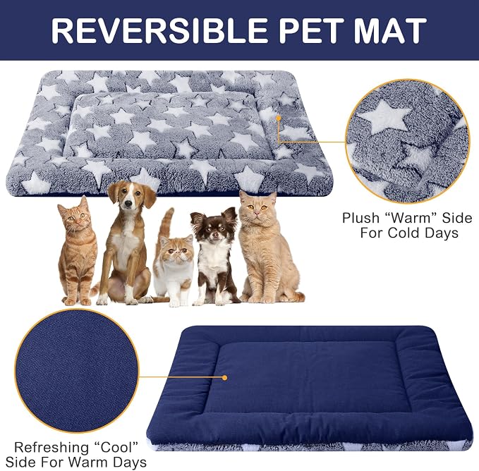 4 Pcs Dog Crate Pads Soft Warm,20 x 30 x 1.6 Inch,Star,Blue | Ultra Soft Warm Washable Anti-slip Kennel Bed Mat for Pets,Reversible Replaceable,for Small Medium Large Dogs and Cats