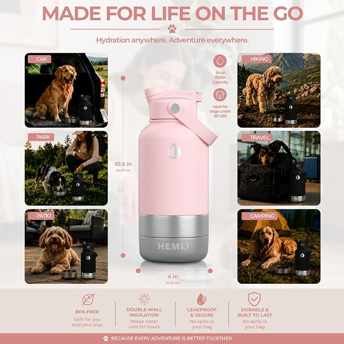 32 oz. Dog Water Bottle, Insulated Dog Travel Water Bottle, Stainless Steel Pet Water Bottle Dispenser Portable Food and Water Bowl for Dogs for Walking Dog Canteen Travel Kit
