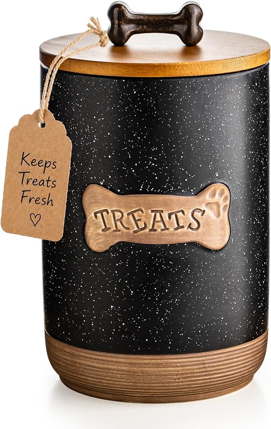 Miamolo Dog Treat Container Airtight Ceramic Dog Treat Jar with Wooden Lid, 8 Cups Dog Food Storage Container for Countertop, Decorative Dog Cookie Jar Canister with Handle - Bone Dotted Black