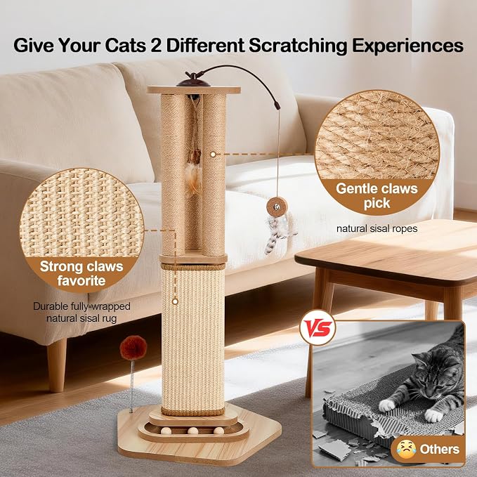34 Inch Tall Cat Scratching Post for Large Cats, Heavy Duty Natural Sisal Cat Scratcher with Multi Interactive Toys 360° Rotating Feather Toy, Ball Track, Spring Pom for Adult Cats & Kittens
