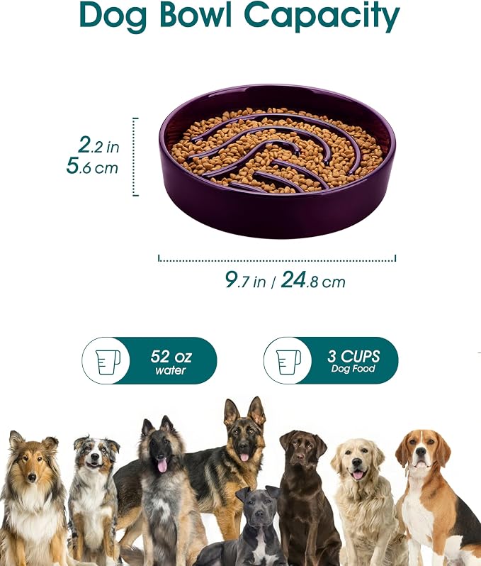 vancasso Slow Feeder Dog Bowl, 3 Cup Ceramic Slow Feeding Food Dish for Large Breed, Puzzle Dog Food Bowl for Fast Eater, Dark Purple