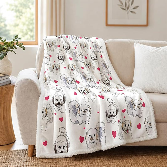 BlessLiving Shih Tzu White Throw Blanket with Dense Dog Patterns Sherpa Fleece Blanket Couch Bed, Soft Cozy Warm Pet Blankets for Puppy Lovers Cute Snowball Animal Print Gift 60x80 Inches