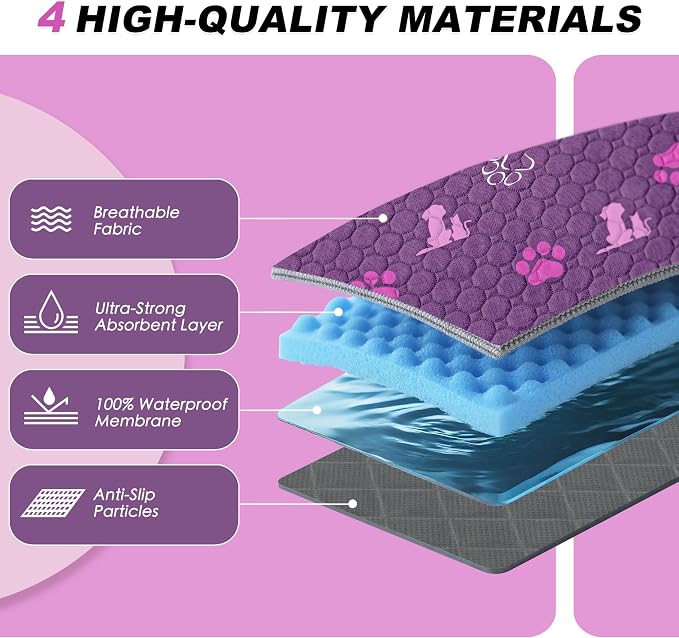 WanpeeGoo Washable Pee Pads for Dogs, Waterproof, 65 x 48 in, 1 Pack, Purp | Super Absorbent, Waterproof and Non-Slip; Washable, Reusable Dog Pads for Crates, Playpens, Floors, Furniture and Travel