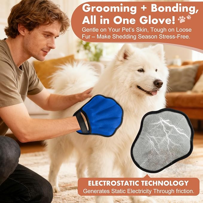 Pet Hair Removal Glove, Electrostatic Pet Hair Remover Glove for Cats & Dogs, Pet Hair Remover Tool for Laundry, Couch, Carpet, Car Seat - Upgraded Five-Finger, Reusable, Blue+Grey