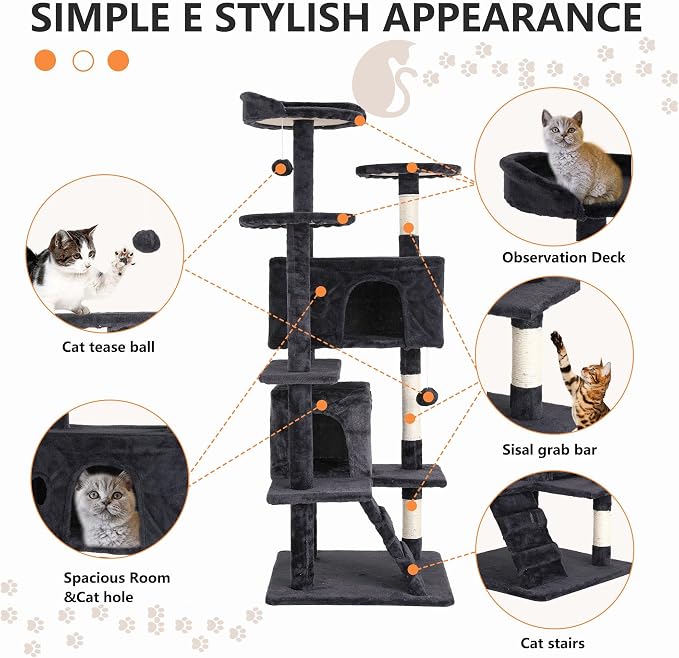 Cat Tree for Indoor Cats, Multi-Level Cat Tower with Scratching Posts & Cozy Condo, Space Saving Cat Activity Center, Durable Pet Play House (54in,Dark Gray)