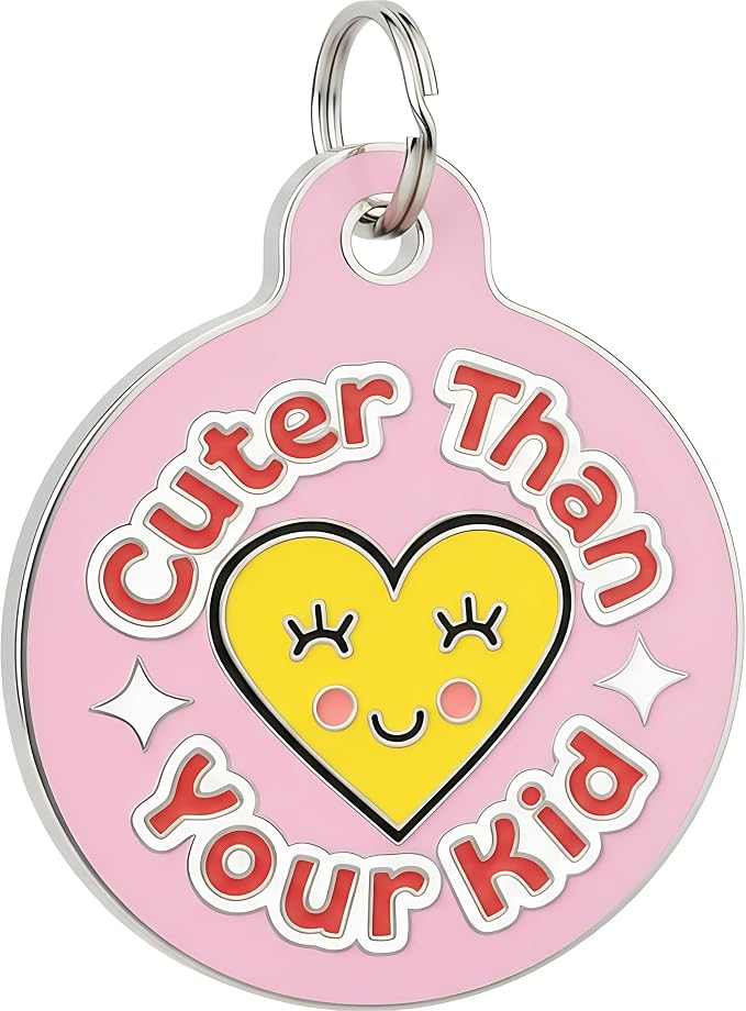 Bad Tags Personalized Dog and Cat ID Tags in 25+ Designs and 2 Sizes - 5 Lines of Custom Engraved Text - Funny Cute Personalized Pet Tags (Cuter Than Your Kid - Pink, Large (1.25 inch))